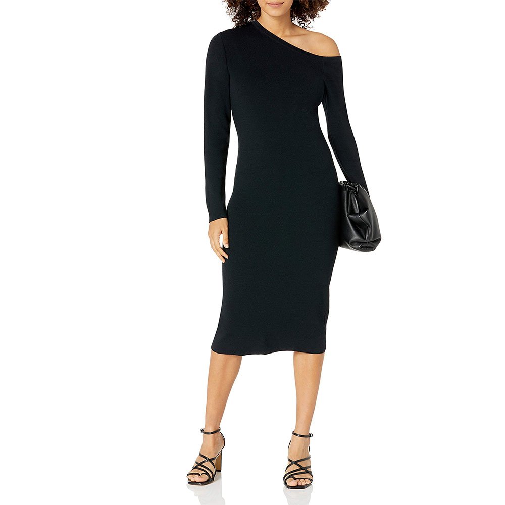 2023 Women Fashion Asymmetric Neckline Midi Dress Daily Plus Size Sexy Elegant Flatter Fit Casual Chic Sweater Slim Soft Bodycon