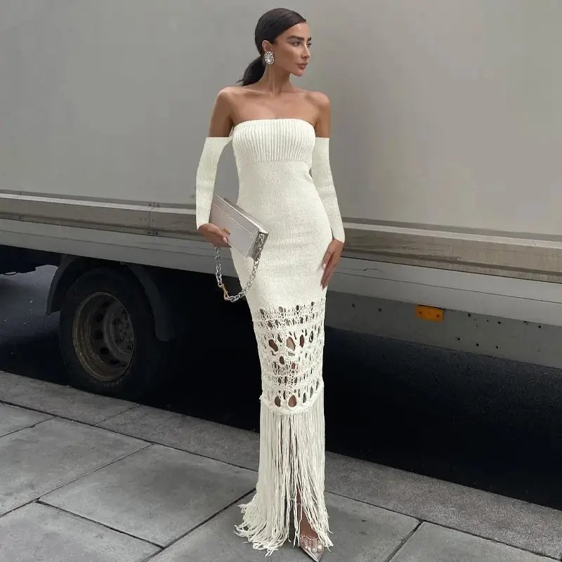 Knitted Off The Shoulder Hollow Out Solid Tassel Maxi Elegant Women Dress Ladies