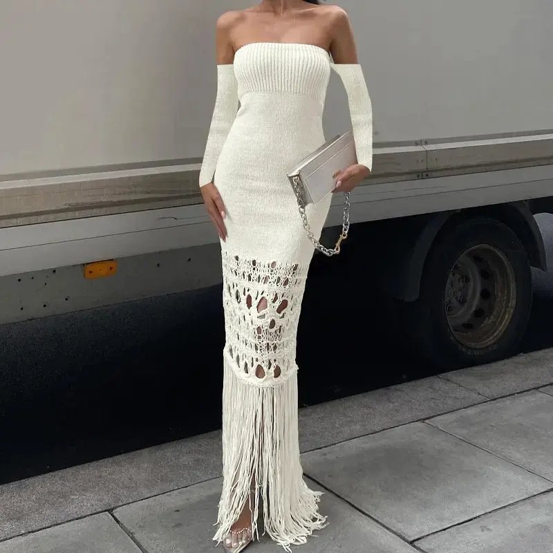 Knitted Off The Shoulder Hollow Out Solid Tassel Maxi Elegant Women Dress Ladies