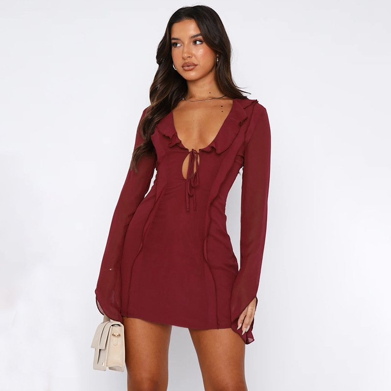Autumn New Women's Skirt Wrapped Sexy Slim-Fit Buttock Spice Girl Style Ruffled Long Sleeve Dress
