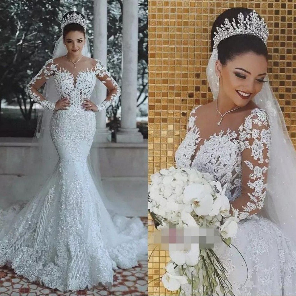 2024 Wholesale Luxurious Wedding Dresses White Lace Dresses for Wedding Long Sleeve Elegant V Neck Mermaid Wedding Dresses