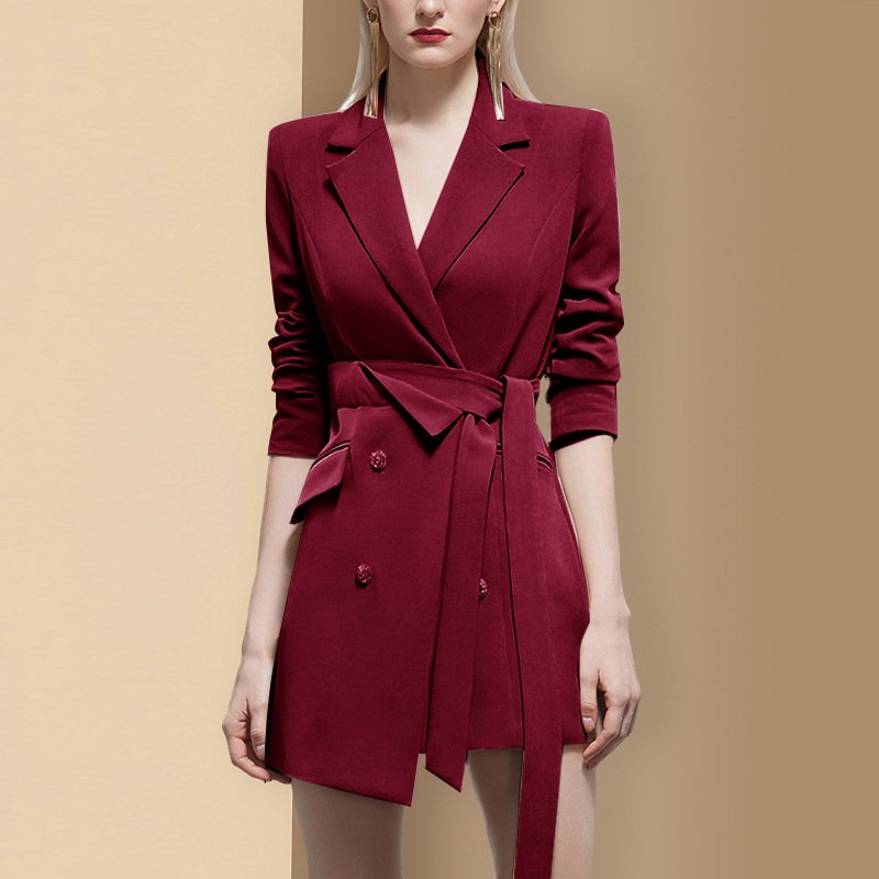 New Formal Office Double Breasted Lapel Belted Pocket Jacket Shoulder Pad Blazer Dress