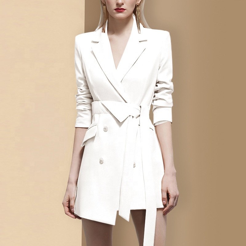 New Formal Office Double Breasted Lapel Belted Pocket Jacket Shoulder Pad Blazer Dress