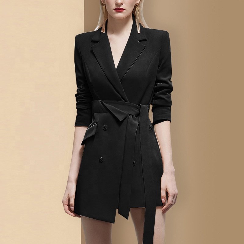 New Formal Office Double Breasted Lapel Belted Pocket Jacket Shoulder Pad Blazer Dress