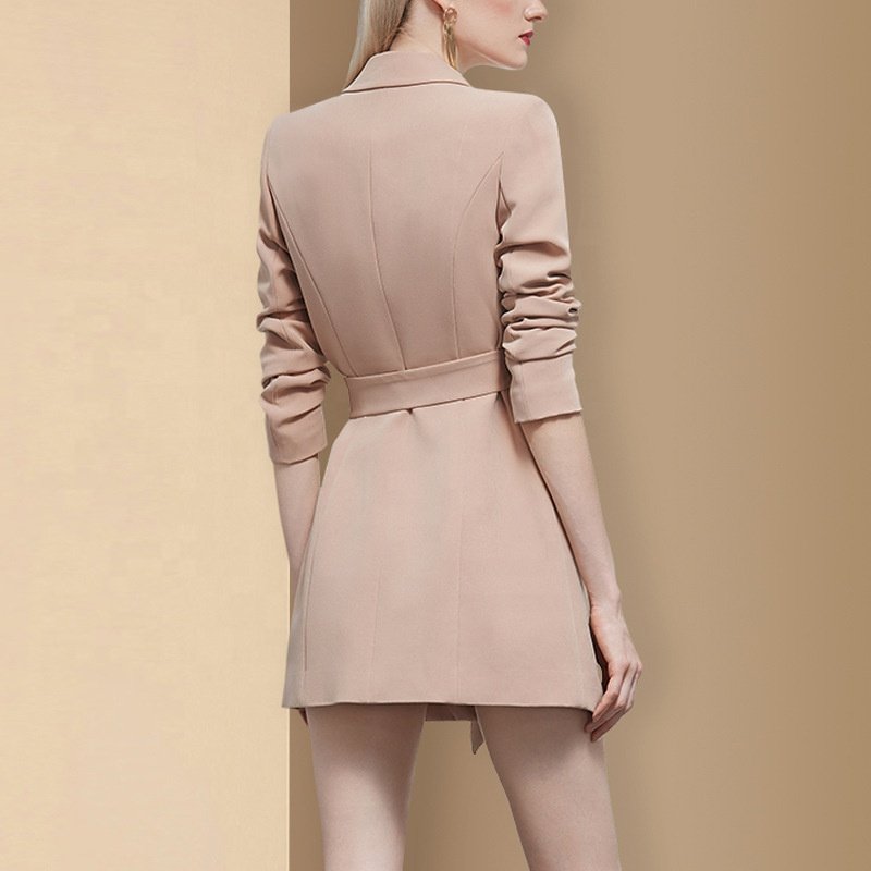 New Formal Office Double Breasted Lapel Belted Pocket Jacket Shoulder Pad Blazer Dress