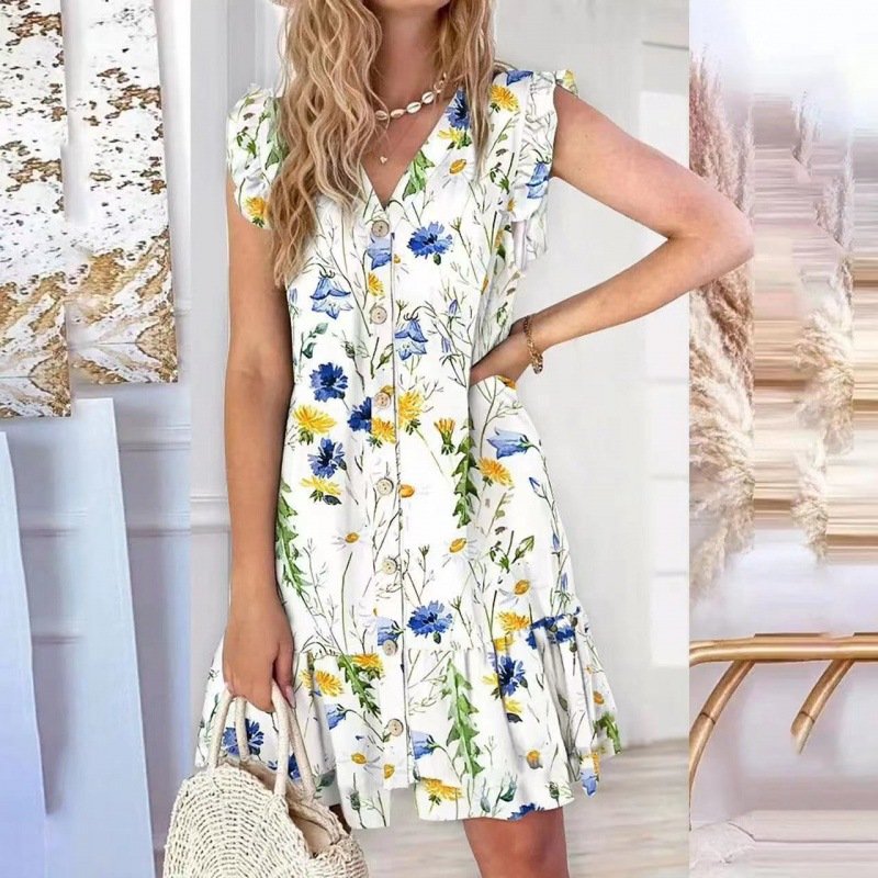 Hot Sale Casual Dress V neck Button Fly Sleeves V Neck Loose Print Dress