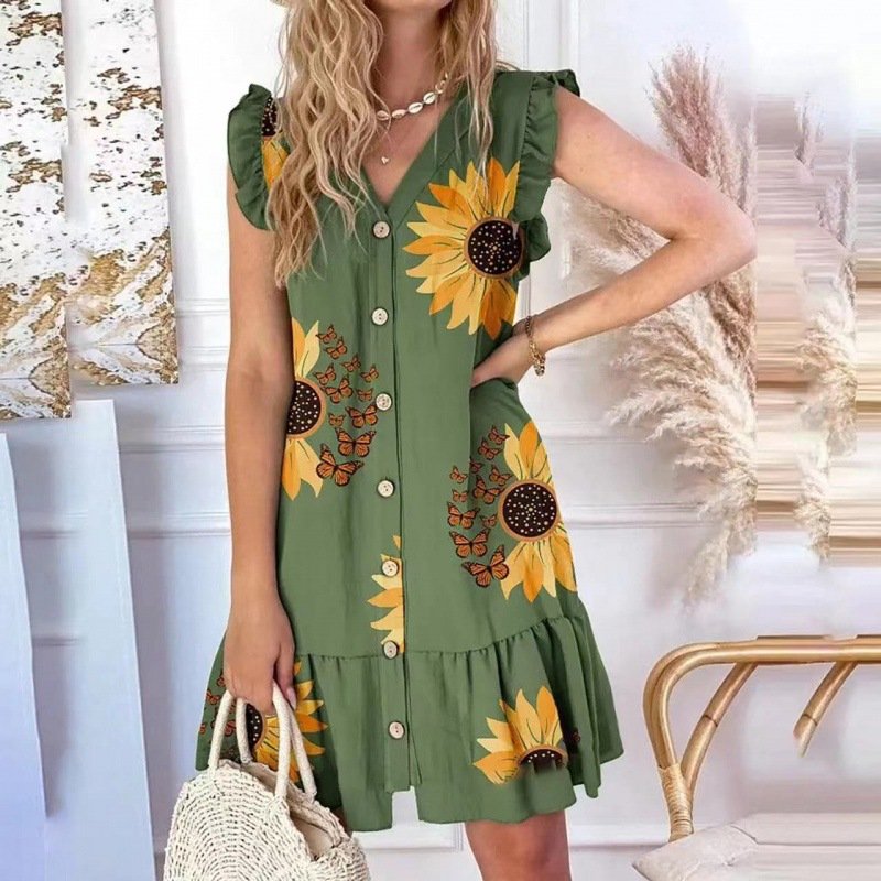 Hot Sale Casual Dress V neck Button Fly Sleeves V Neck Loose Print Dress