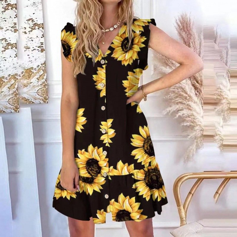 Hot Sale Casual Dress V neck Button Fly Sleeves V Neck Loose Print Dress