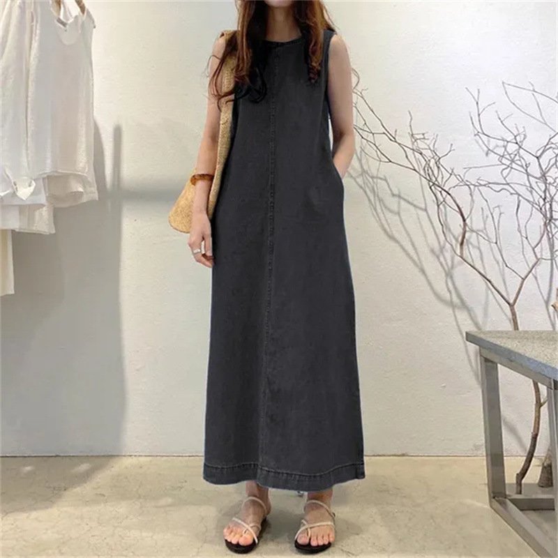 Summer Fashion Long Skirt Round Neck Sleeveless Pocket Loose Long Tank Top Denim Robe Women's Casual Dress