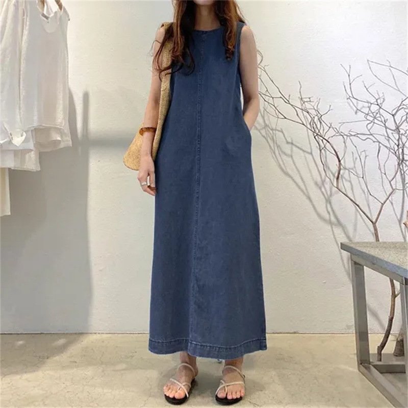 Summer Fashion Long Skirt Round Neck Sleeveless Pocket Loose Long Tank Top Denim Robe Women's Casual Dress