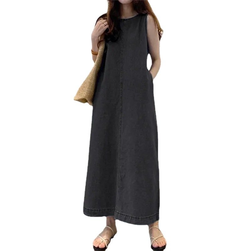 Summer Fashion Long Skirt Round Neck Sleeveless Pocket Loose Long Tank Top Denim Robe Women's Casual Dress