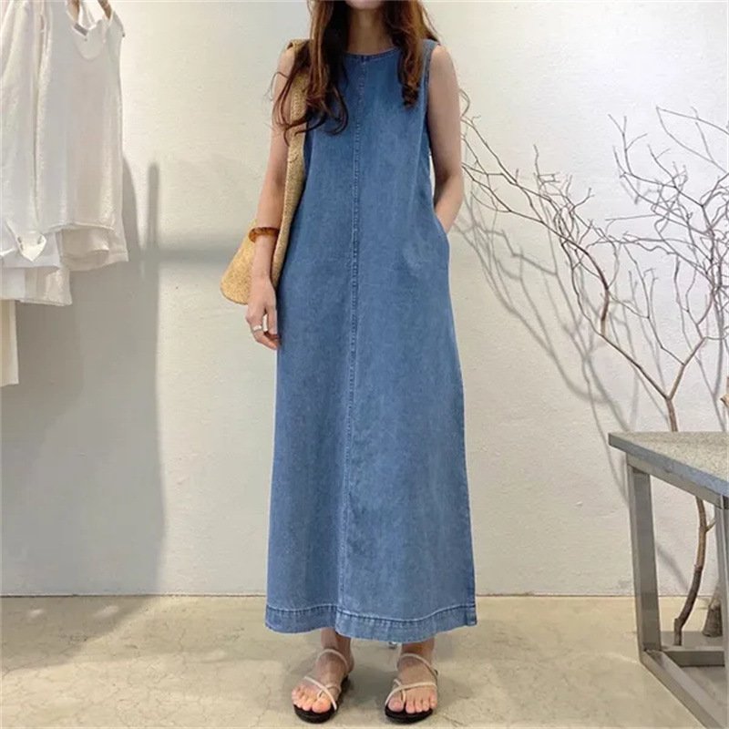 Summer Fashion Long Skirt Round Neck Sleeveless Pocket Loose Long Tank Top Denim Robe Women's Casual Dress