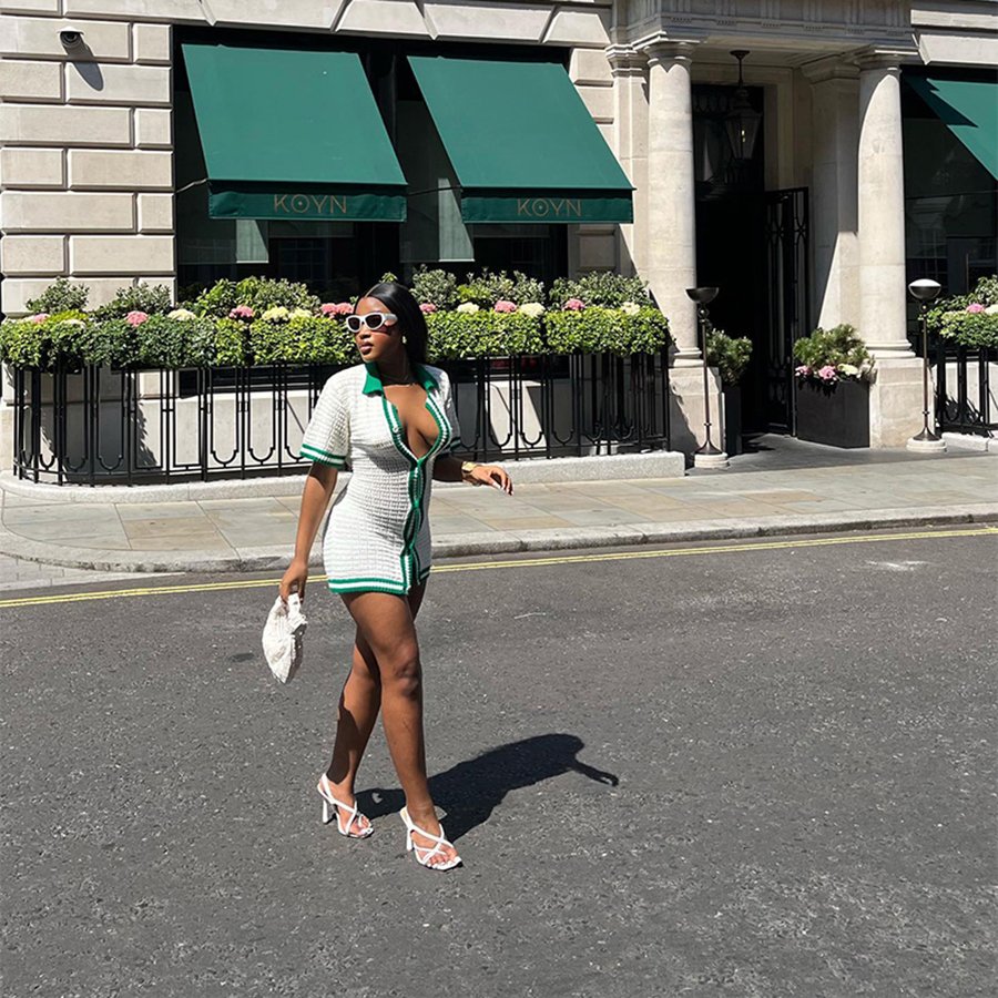 Kliou W23D32587 Knitted Panelled Bodycon Mini Dresses Patchwork Slim Dress Short Sleeve With Buttons Women Casual Dresses
