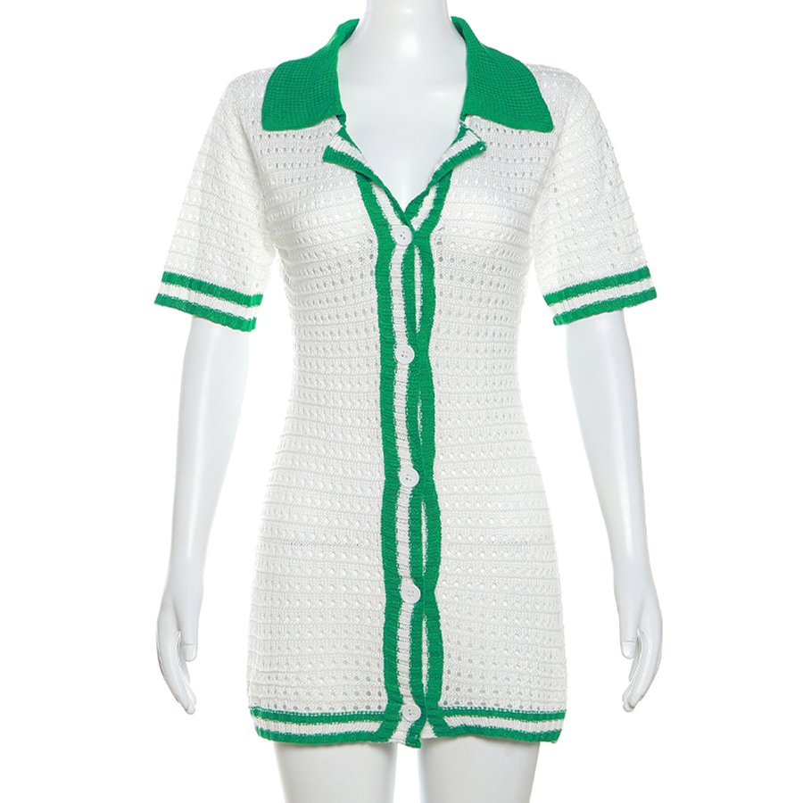 Kliou W23D32587 Knitted Panelled Bodycon Mini Dresses Patchwork Slim Dress Short Sleeve With Buttons Women Casual Dresses