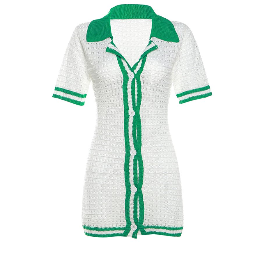 Kliou W23D32587 Knitted Panelled Bodycon Mini Dresses Patchwork Slim Dress Short Sleeve With Buttons Women Casual Dresses