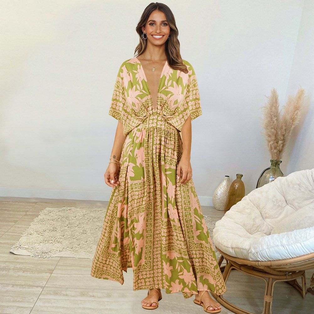 2024 Luxury Women's Summer Beach Bohemian Dresses Casual Bat sleeve Print Floral Styling Cut Out Maxi Dress