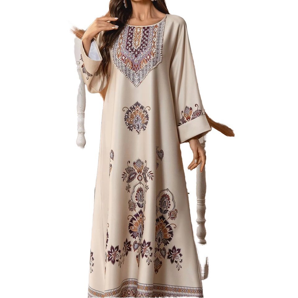 Dubai Vintage Printed Abaya For Muslim Women Exquisite Elegant Long Dress Rhinestone Studded Beaded Neck Long Sleeve Size 7167