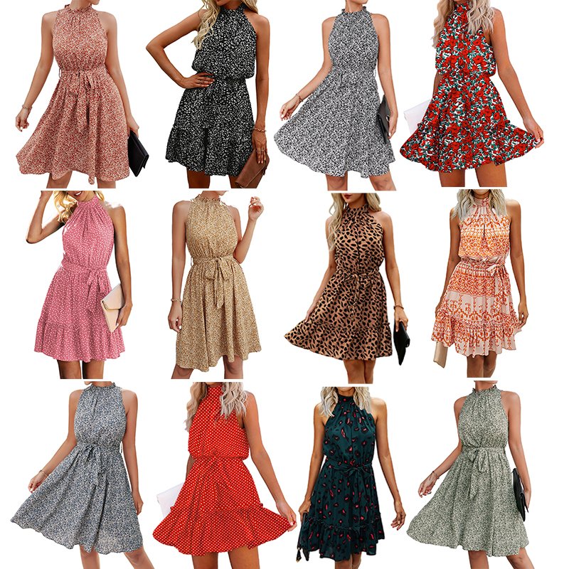 Boho fashion summer sleeveless halter neck elastic waist tunic floral casual dresses short min sundress
