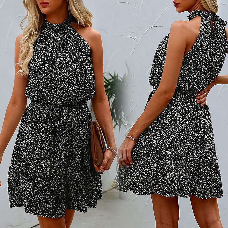 Boho fashion summer sleeveless halter neck elastic waist tunic floral casual dresses short min sundress