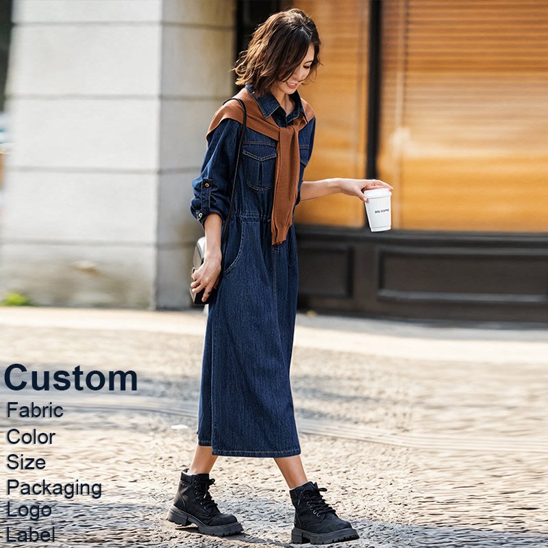Customized Women's Denim Dresses Autumn and Spring New Navy Blue Flip Collar Long Sleeves Women's Denim Dress Comes With a shawl