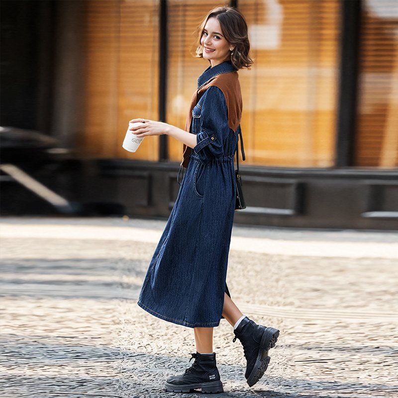 Customized Women's Denim Dresses Autumn and Spring New Navy Blue Flip Collar Long Sleeves Women's Denim Dress Comes With a shawl