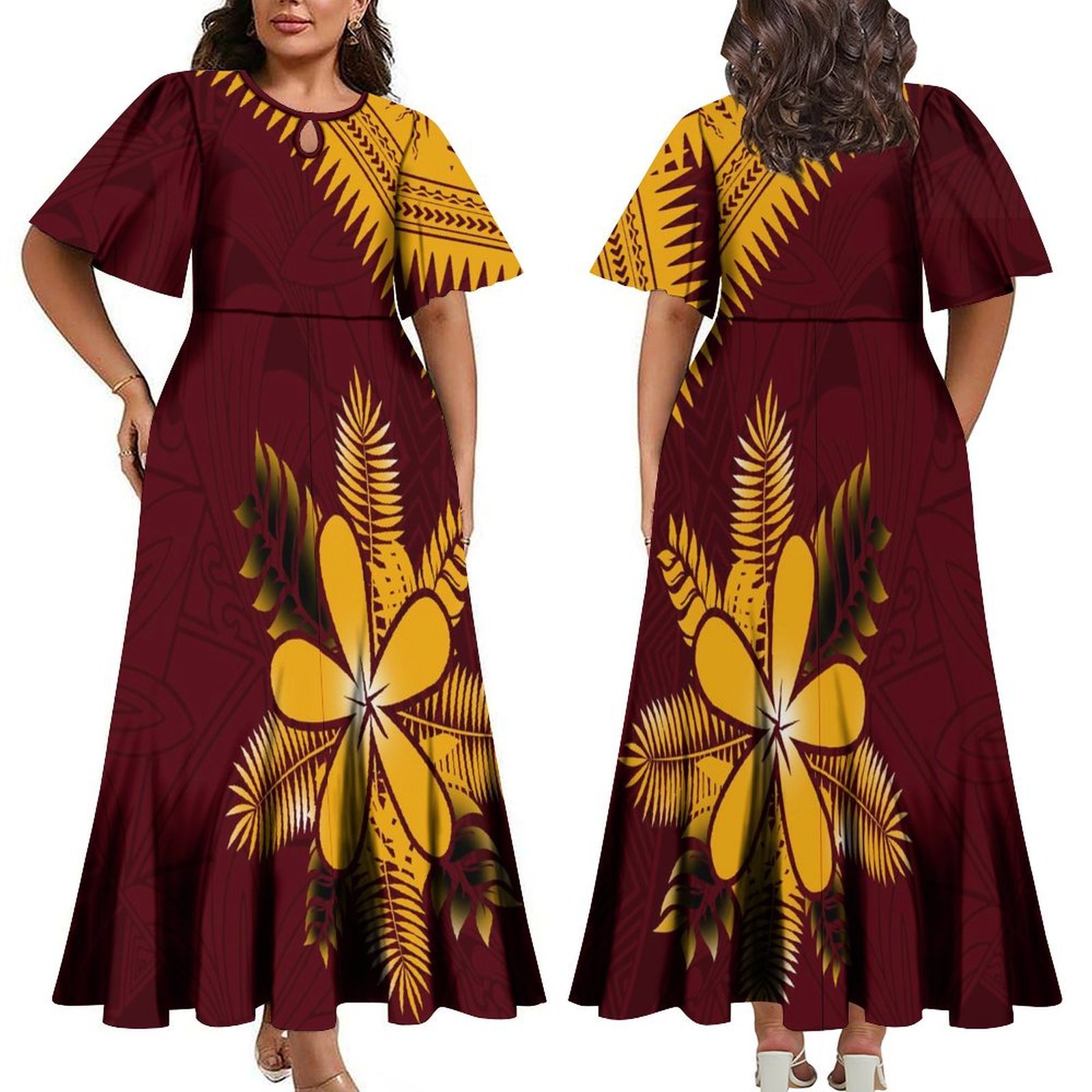 Hot Sales Summer Women Elegant Water Drop Design Bell Sleeve Maxi Ladies Dress Polynesian Long Pleated Casual Dresses Vestidos