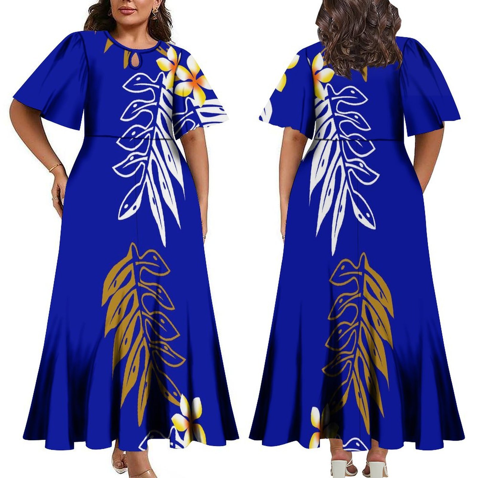 Hot Sales Summer Women Elegant Water Drop Design Bell Sleeve Maxi Ladies Dress Polynesian Long Pleated Casual Dresses Vestidos