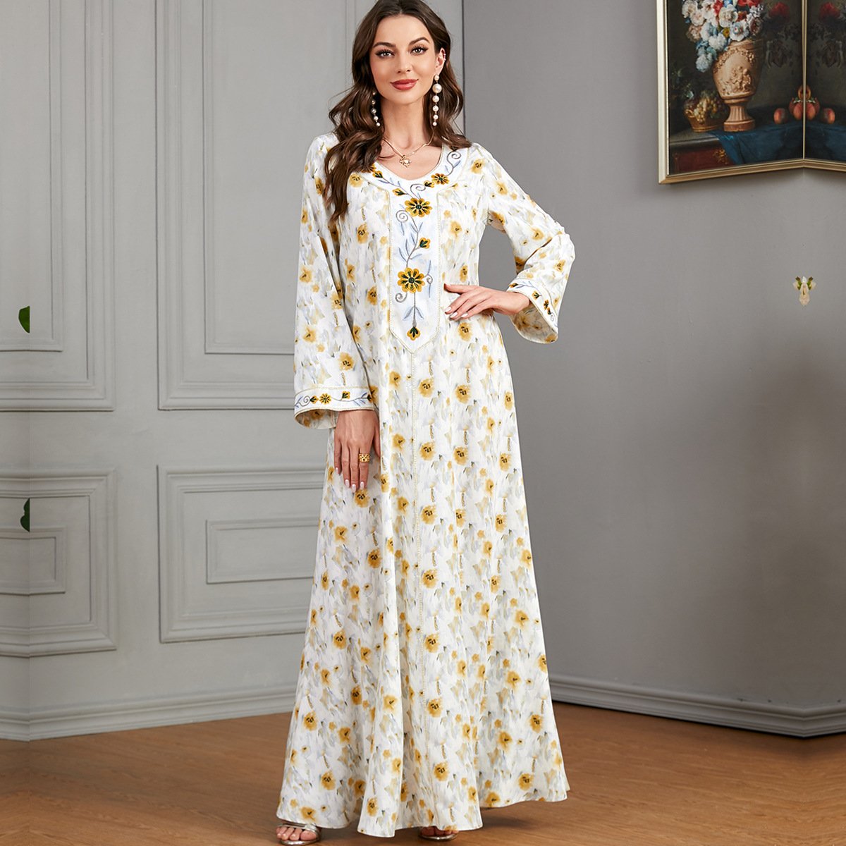 Floral Maxi Dress Turkey Loose Casual Muslim Arab Dubai Printed Kaftan Caftan Dress Eid Islamic Saudi Arabia Abaya Designs