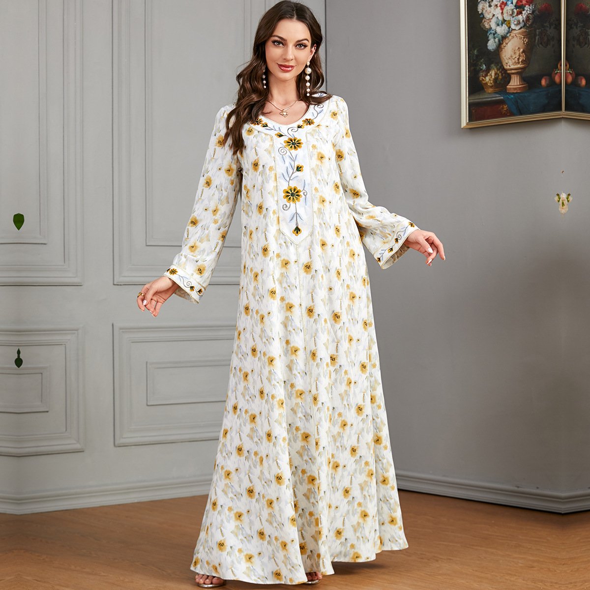Floral Maxi Dress Turkey Loose Casual Muslim Arab Dubai Printed Kaftan Caftan Dress Eid Islamic Saudi Arabia Abaya Designs