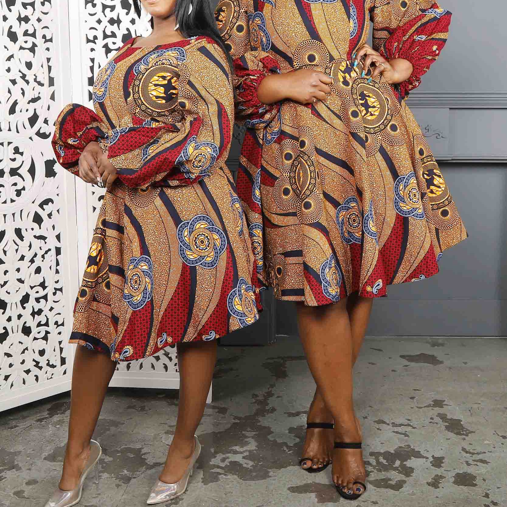 African Print Dress Ankara Print Dress High Waist Long Sleeve Midi Dress For Women