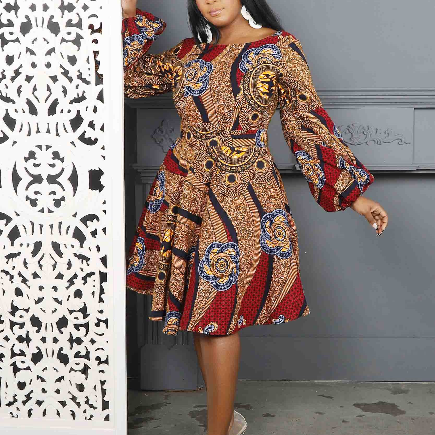 African Print Dress Ankara Print Dress High Waist Long Sleeve Midi Dress For Women