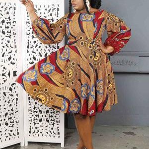 African Print Dress Ankara Print Dress High Waist Long Sleeve Midi Dress For Women