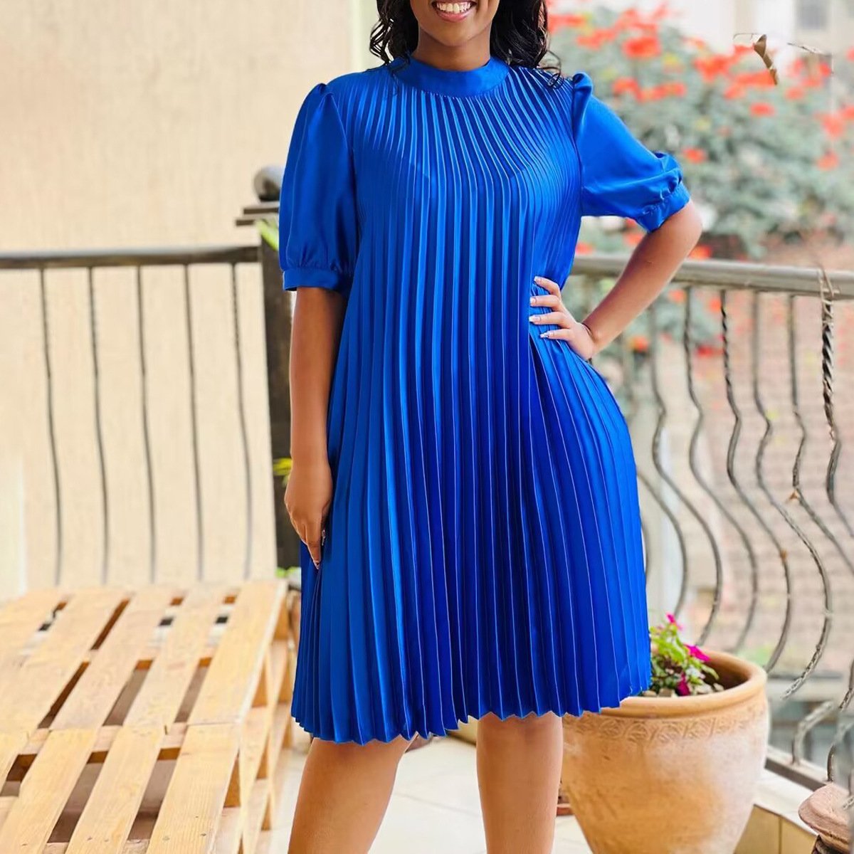 D334 Latest Design Women Summer Dress 2023 O Neck Solid Solor Waist Office Ladies Pleated Dress Elegant Casual Dresses