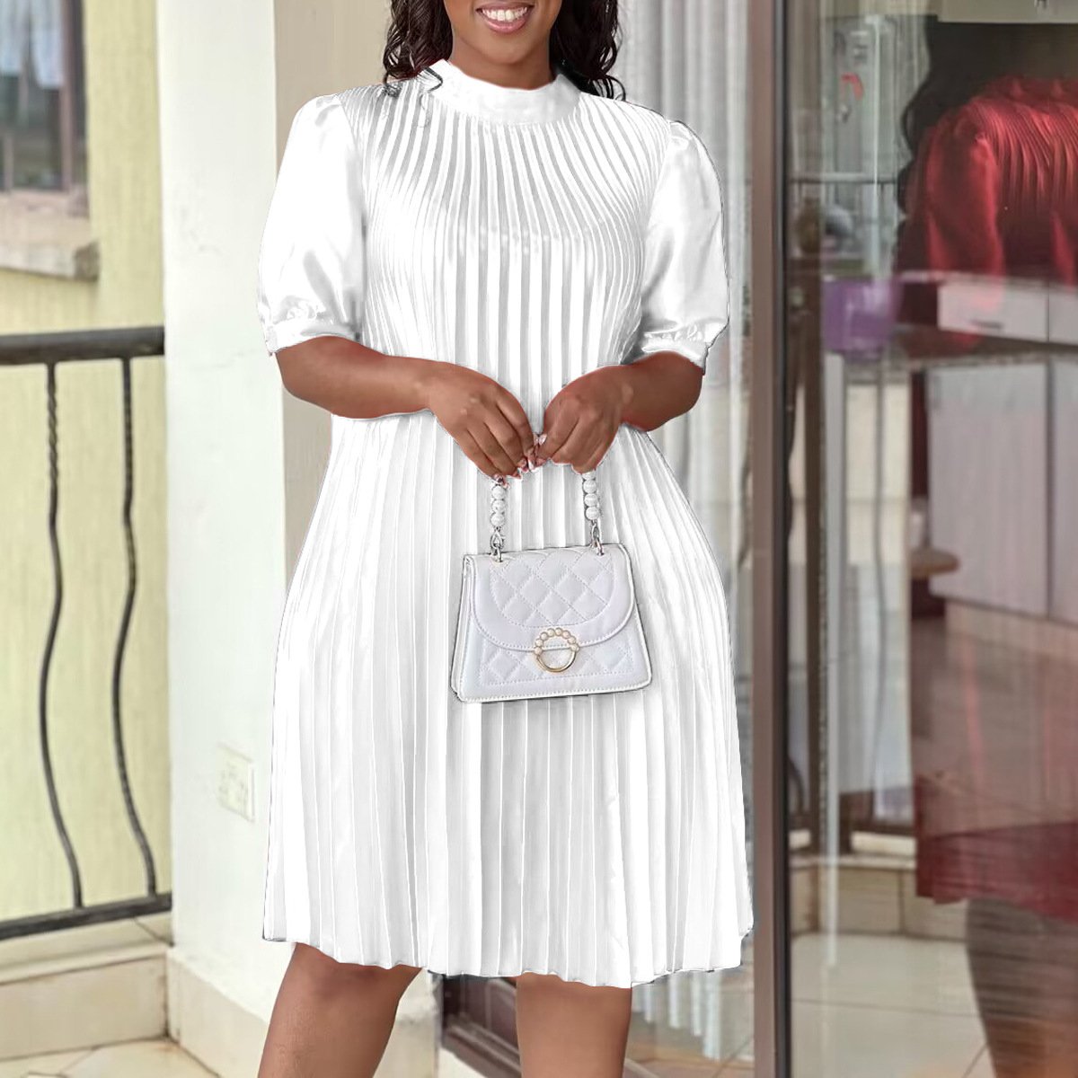 D334 Latest Design Women Summer Dress 2023 O Neck Solid Solor Waist Office Ladies Pleated Dress Elegant Casual Dresses
