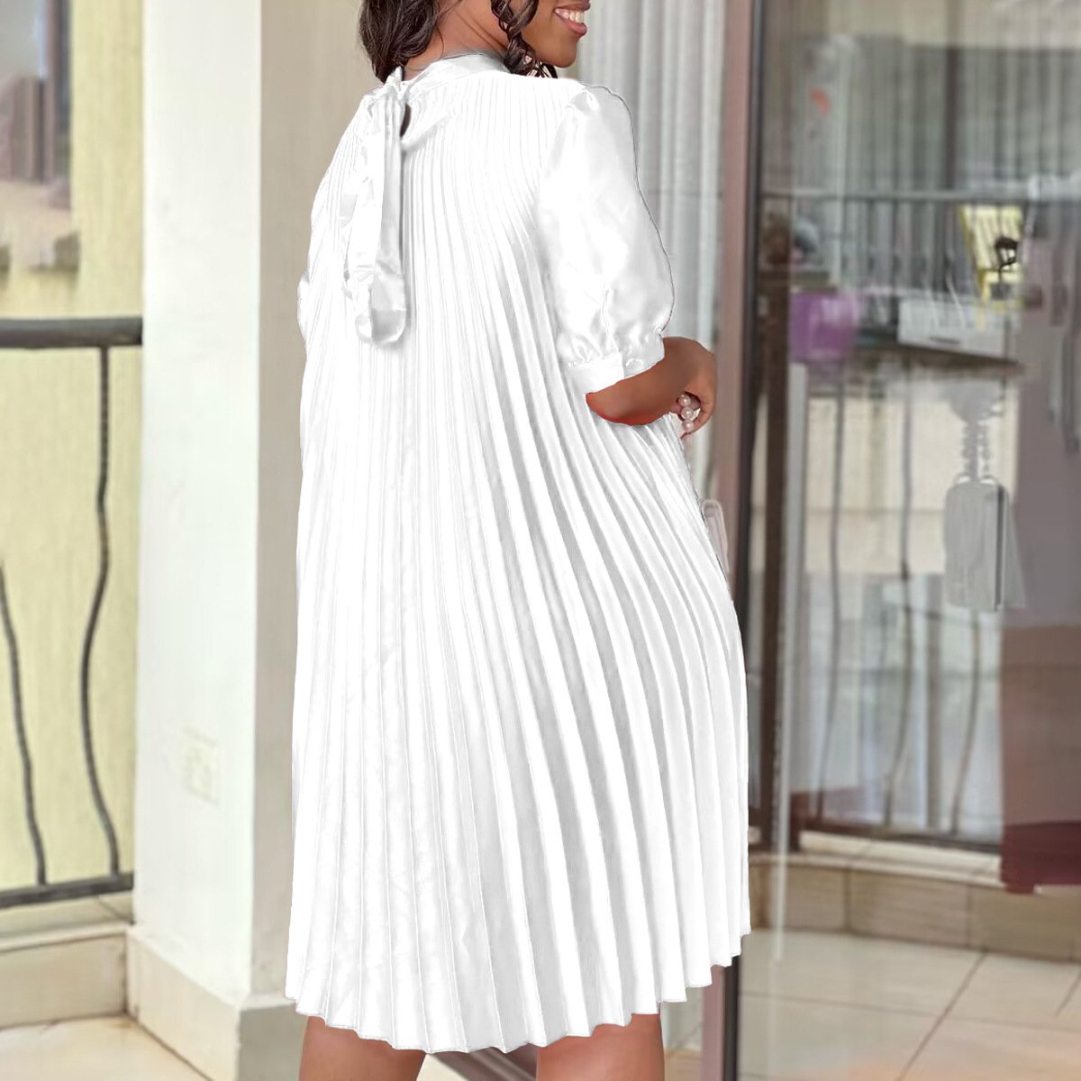 D334 Latest Design Women Summer Dress 2023 O Neck Solid Solor Waist Office Ladies Pleated Dress Elegant Casual Dresses