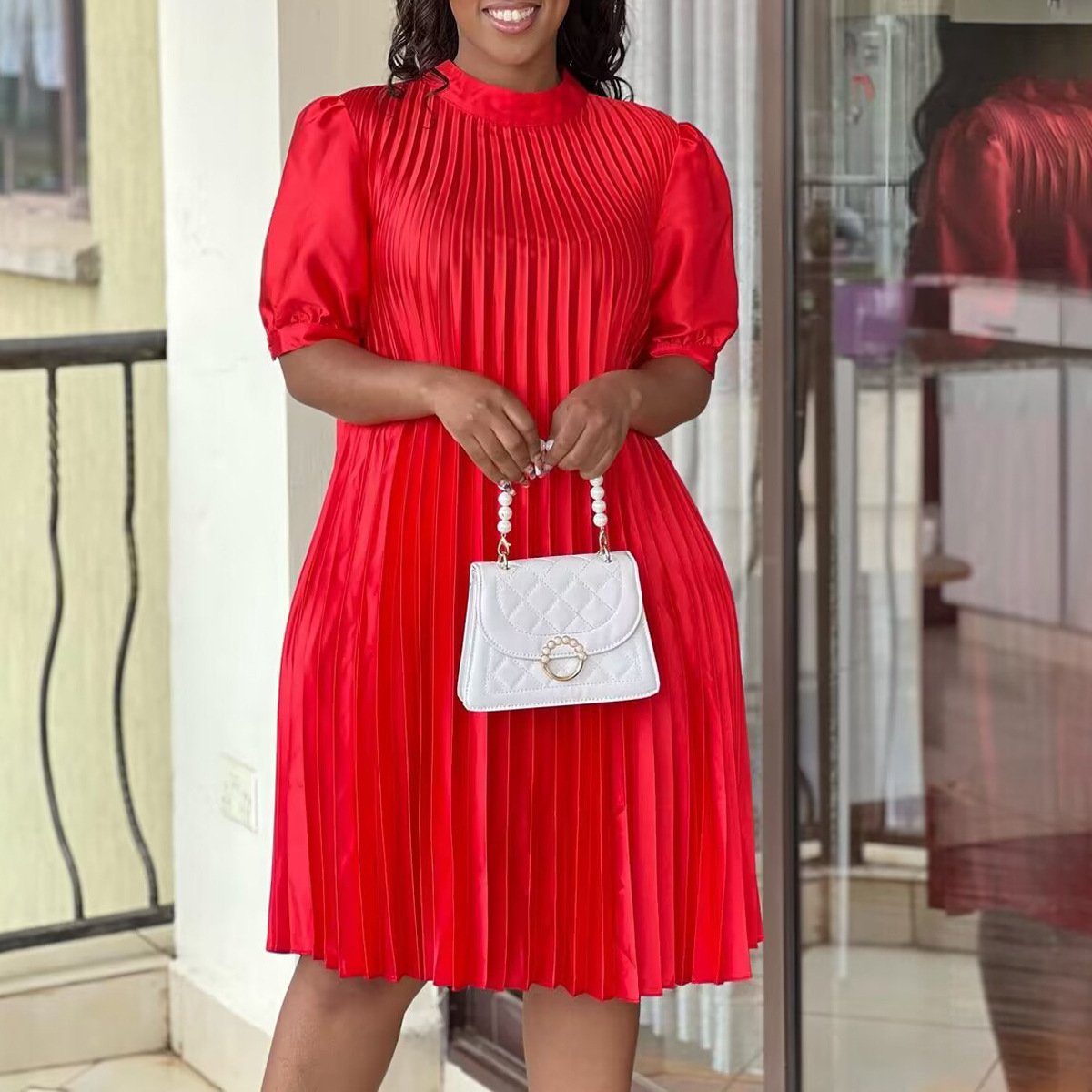D334 Latest Design Women Summer Dress 2023 O Neck Solid Solor Waist Office Ladies Pleated Dress Elegant Casual Dresses