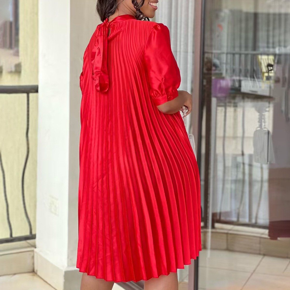 D334 Latest Design Women Summer Dress 2023 O Neck Solid Solor Waist Office Ladies Pleated Dress Elegant Casual Dresses