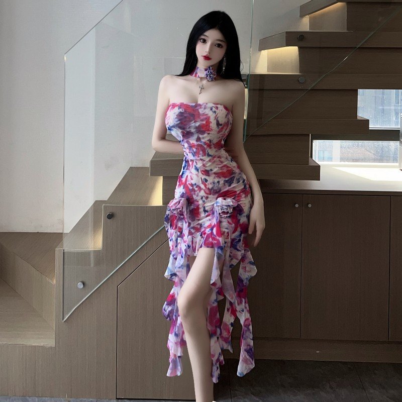 Fashion Sweet Long Casual Beach Hot Sexy Bust Wrapping Ruffle Flower Dress Elegant Spice Girls Backless Dresses 2LZ5