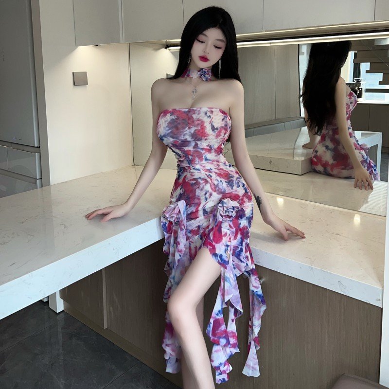 Fashion Sweet Long Casual Beach Hot Sexy Bust Wrapping Ruffle Flower Dress Elegant Spice Girls Backless Dresses 2LZ5