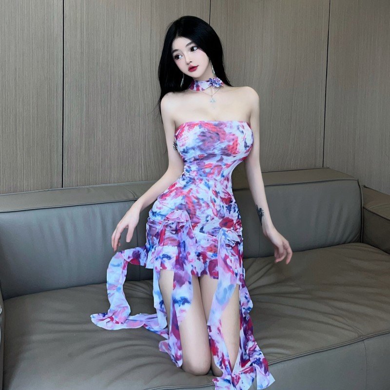Fashion Sweet Long Casual Beach Hot Sexy Bust Wrapping Ruffle Flower Dress Elegant Spice Girls Backless Dresses 2LZ5