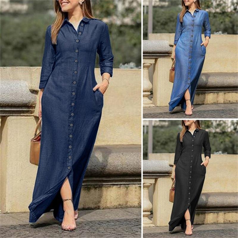 Fashionable Loose Single Breasted Long Sleeved Lapel Solid Color Long Maxi Denim Shirt Dresses