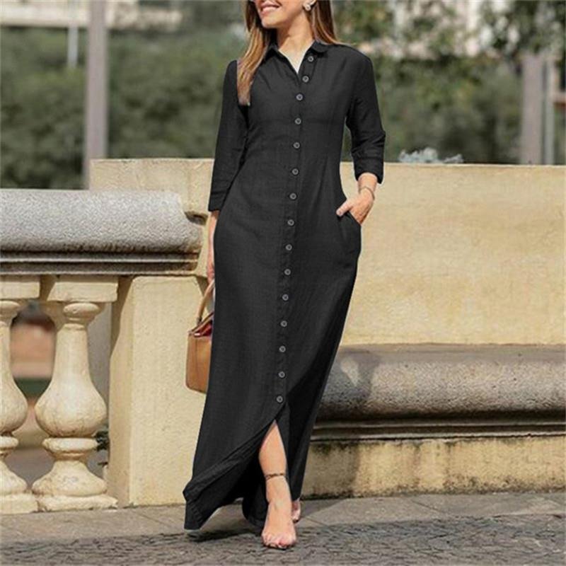 Fashionable Loose Single Breasted Long Sleeved Lapel Solid Color Long Maxi Denim Shirt Dresses