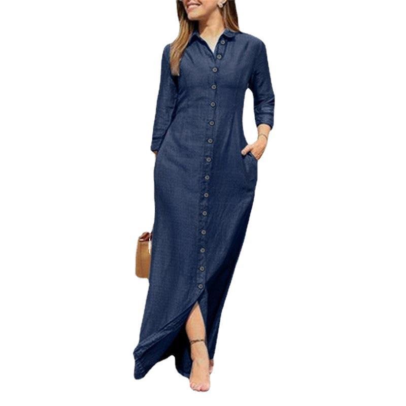 Fashionable Loose Single Breasted Long Sleeved Lapel Solid Color Long Maxi Denim Shirt Dresses