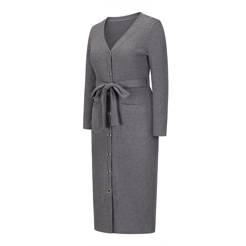 2022 spring and autumn Long waist knit skirt women's long-sleeved slim V-neck single-breasted dress