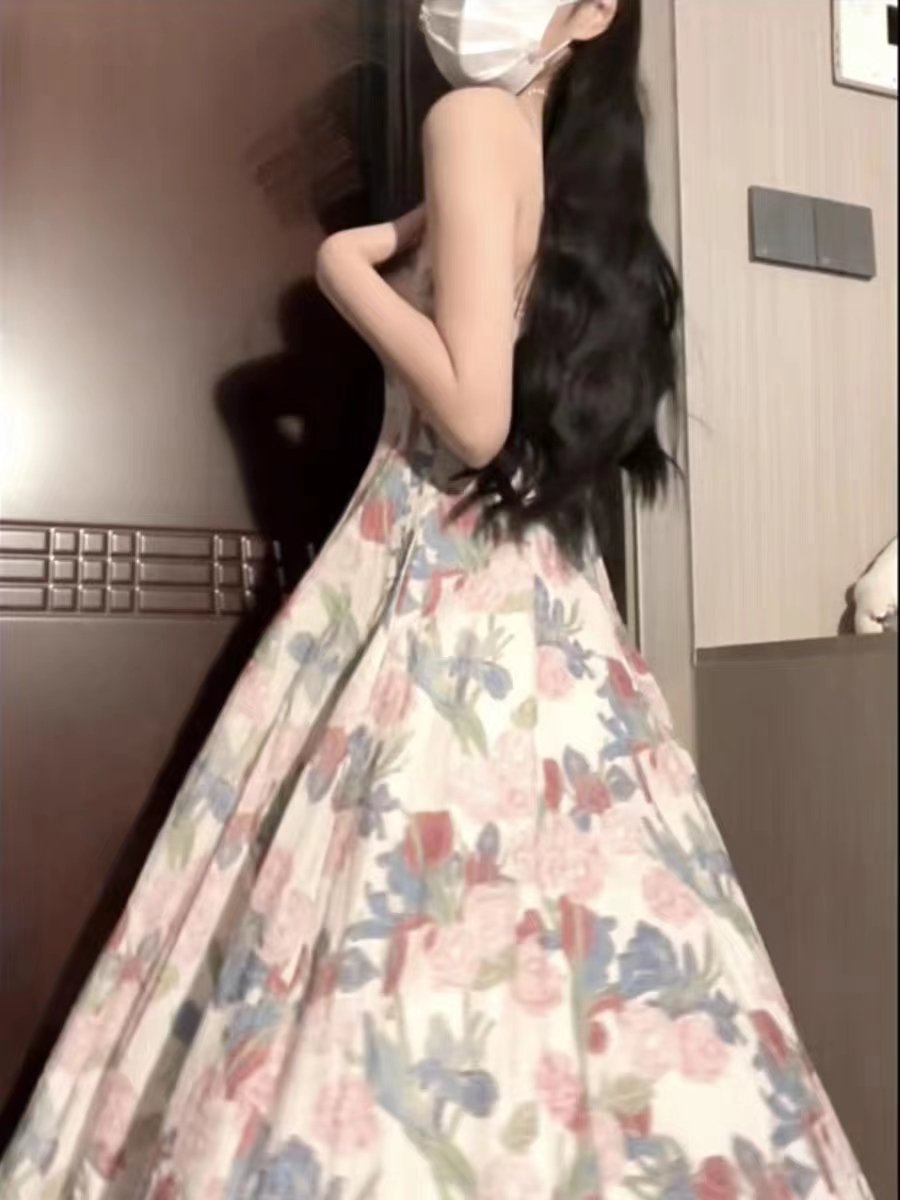 Customized Women's French Vintage Floral Dresses Spaghetti Strap Midi Seaside Holiday Midi Dress