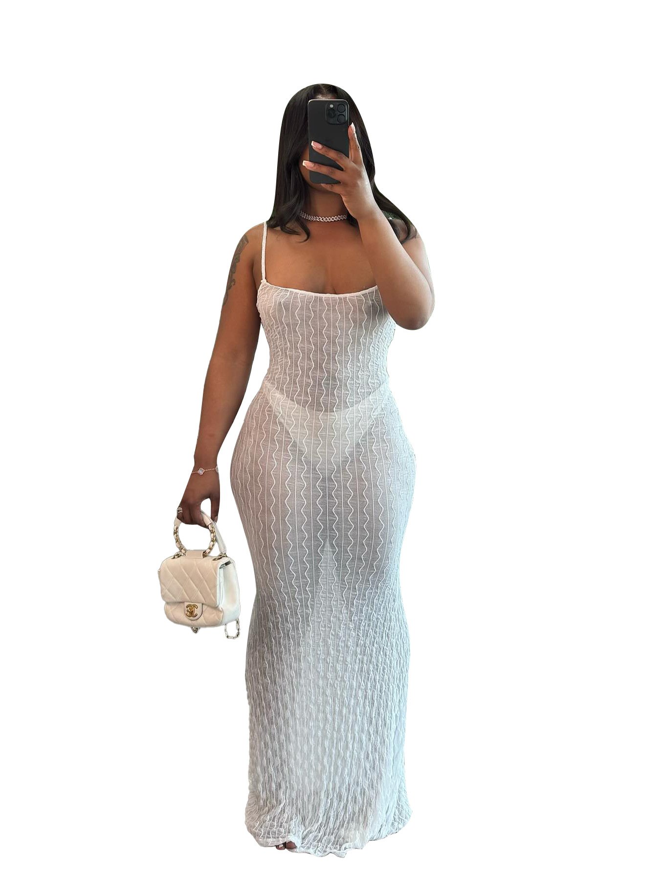 Summer Striped Knit Maxi Dress Bodycon Knitted Long Dresses Women See Through Sleeveless One Piece Breathable Casual Dresses