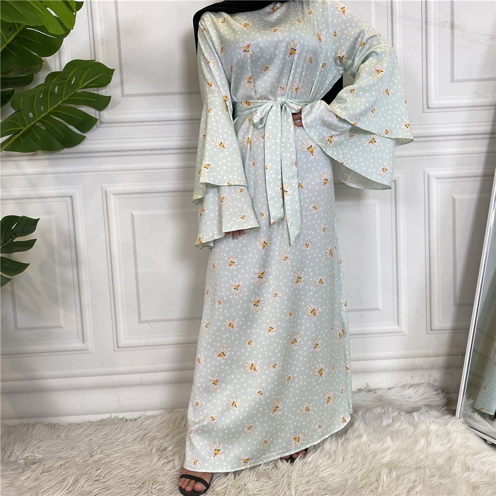 New Fashion High Quality Satin Printing Abaya Dress Two Layer Sleeves Muslim Women Kaftan Islamic Silk Maxi Dresses