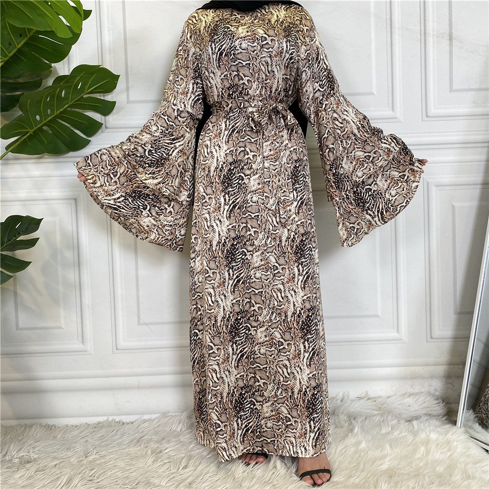 New Fashion High Quality Satin Printing Abaya Dress Two Layer Sleeves Muslim Women Kaftan Islamic Silk Maxi Dresses