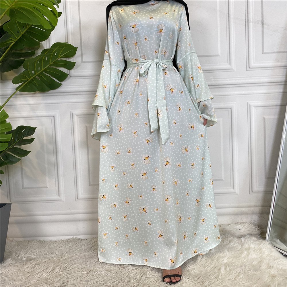 New Fashion High Quality Satin Printing Abaya Dress Two Layer Sleeves Muslim Women Kaftan Islamic Silk Maxi Dresses