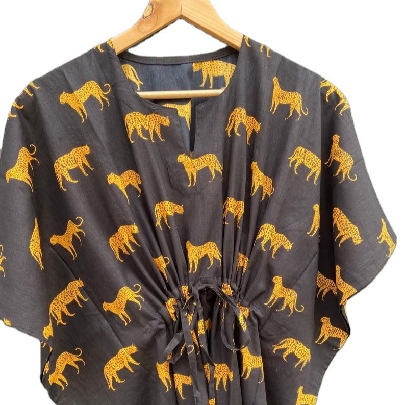 100% Cotton Indian Beautiful Hand Block Tiger Printed Kaftan Long Women's Casual Wear Summer Dress Ethnic Kaftan Beach Wear